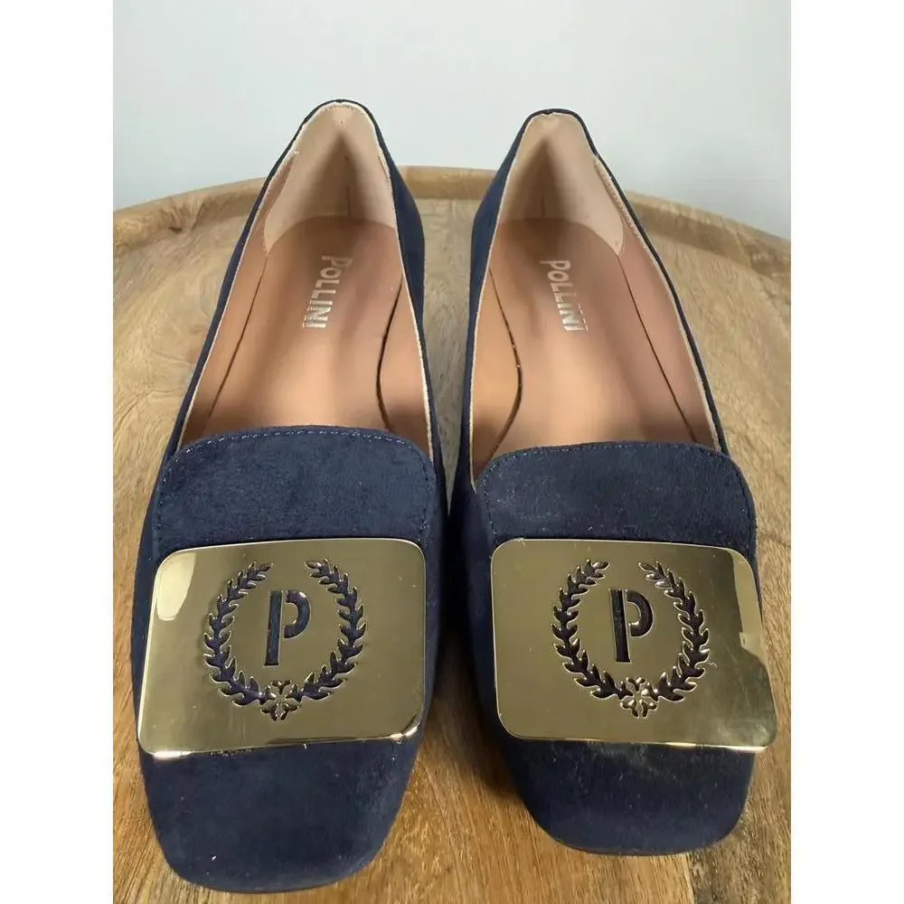 Pollini Clodette15 Oceano Navy Suede Ballerinas w/ Gold Plaque EU 35 / US 5 NWB - Picture 2 of 12